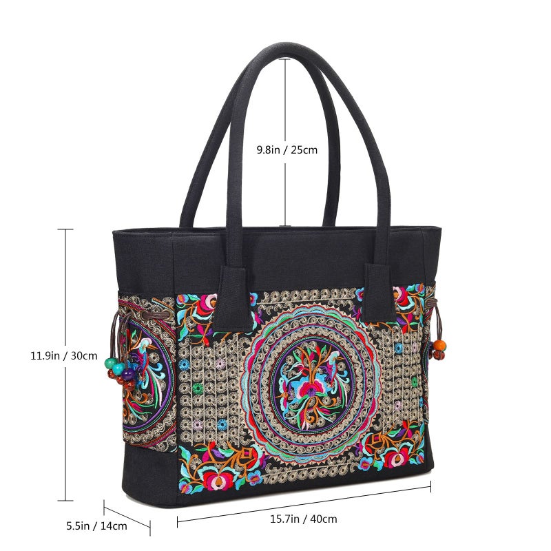 SILKAREA Embroidered Large Canvas Tote Bag for Women with Zipper Handmade Vintage Handbag Shoulder Bag (S1 Black) - Image 2